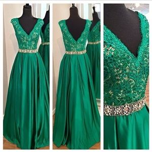Jovani emerald satin and lace gown